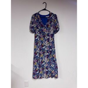 BCBGeneration Blue Floral V-Neck Midi Dress Short Puff Sleeve Size 6